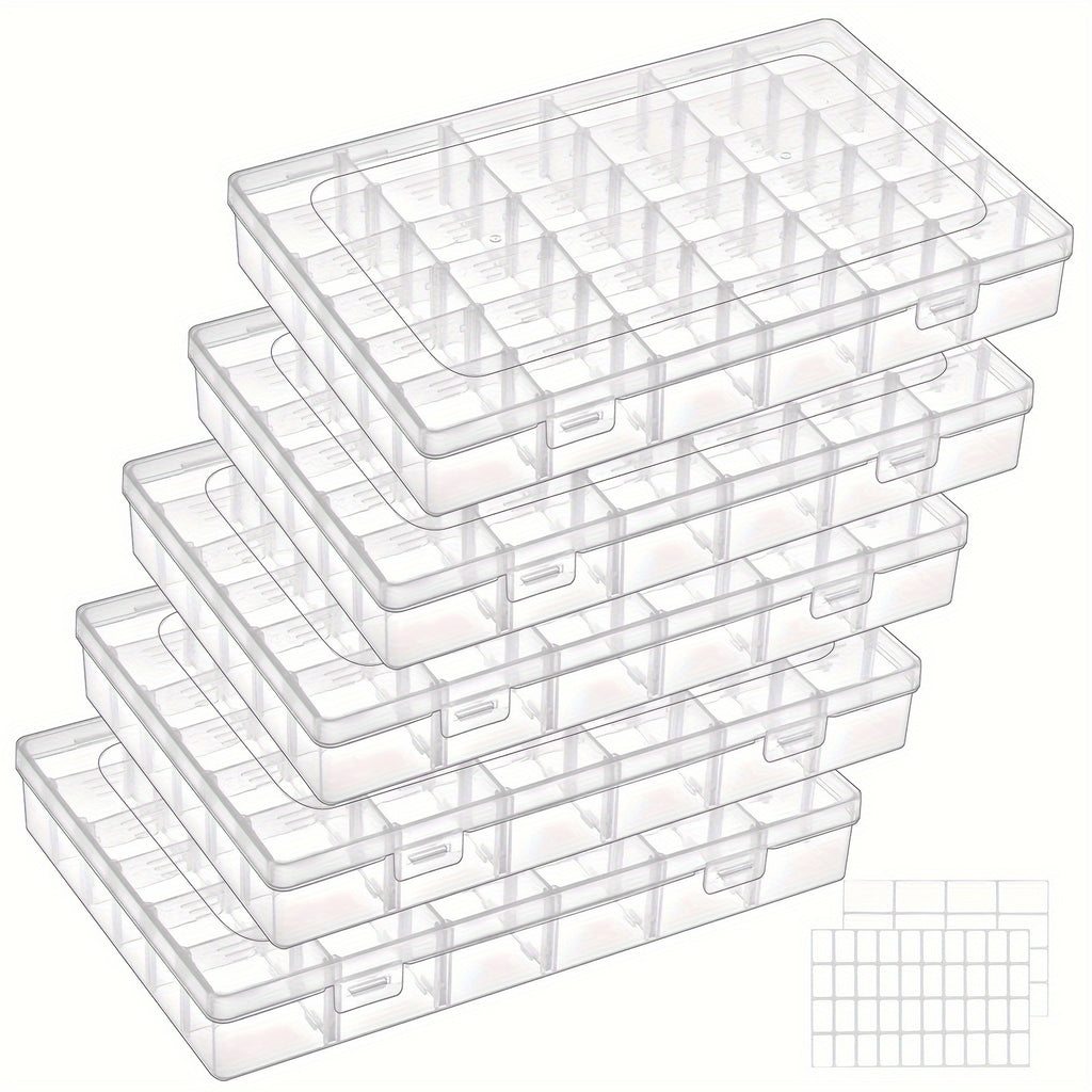 36-Grid Organizer Boxes by TOMNK, Clear Plastic Storage with Adjustable Dividers and Label Stickers, 5 8 or 10-Piece Options for Beads, Jewelry and Craft Supplies