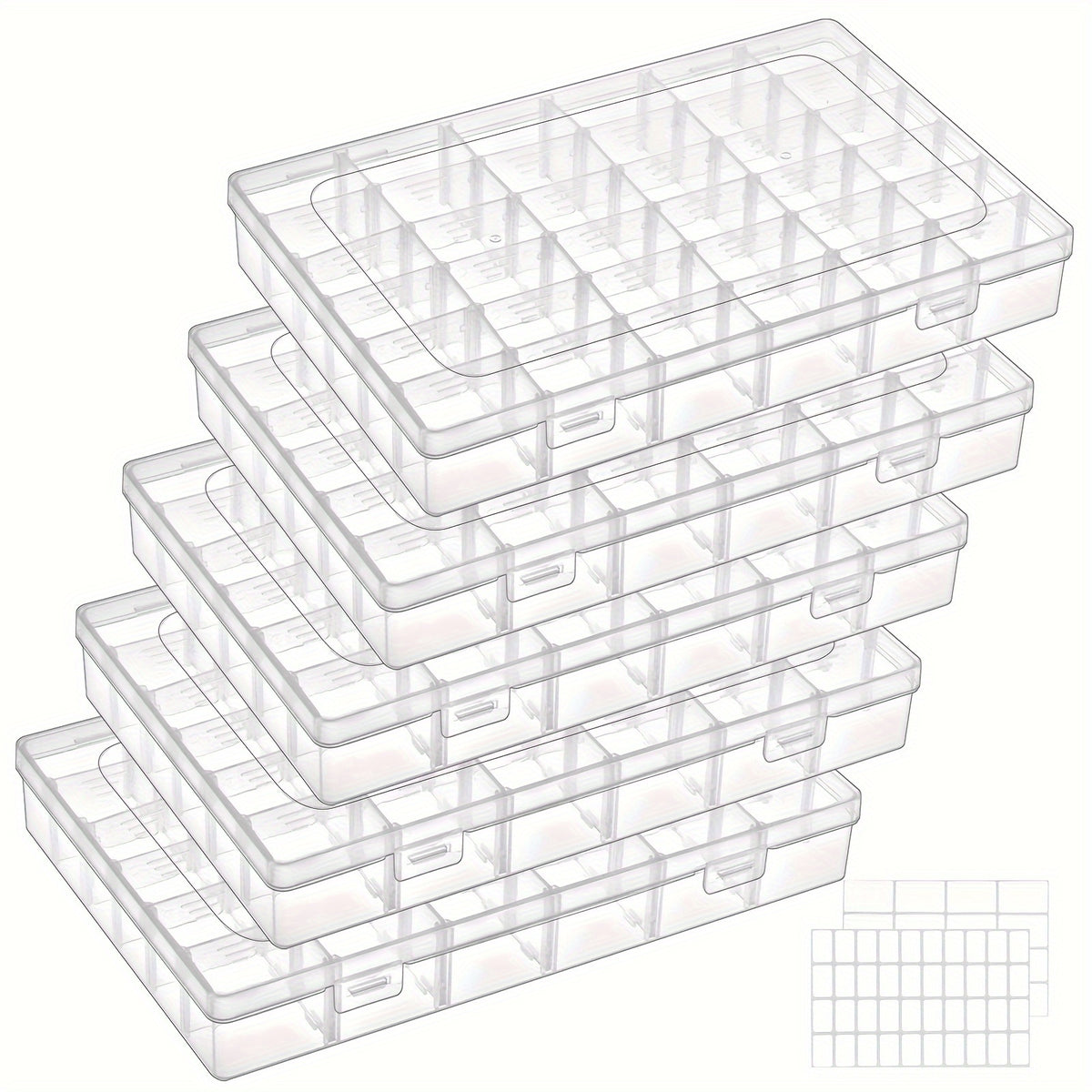 36-Grid Organizer Boxes by TOMNK, Clear Plastic Storage with Adjustable Dividers and Label Stickers, 5 8 or 10-Piece Options for Beads, Jewelry and Craft Supplies