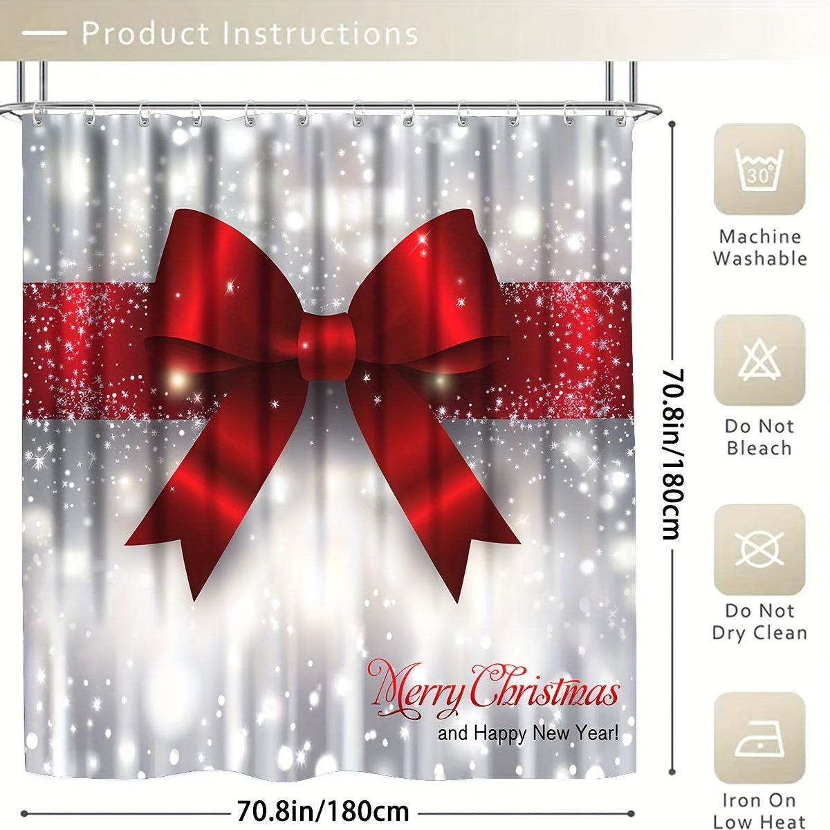 Christmas Shower Curtain Set with 12 Hooks, Four-Piece Merry Christmas Bathroom Decor with Polyester Curtain, Bath Mat, U-Shaped Mat and Toilet Lid Cover