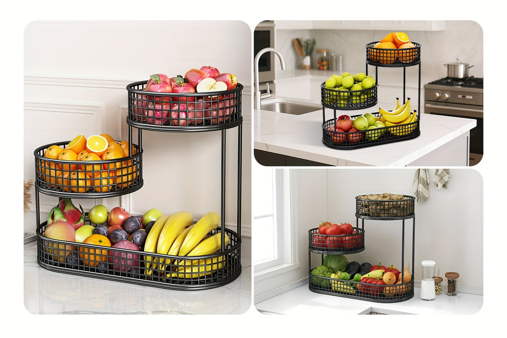 3-Tier Metal Fruit Basket for Kitchen Organization, Large Capacity Produce, Bread and Snack Storage with Black and 3 tier-Golden Option Labels