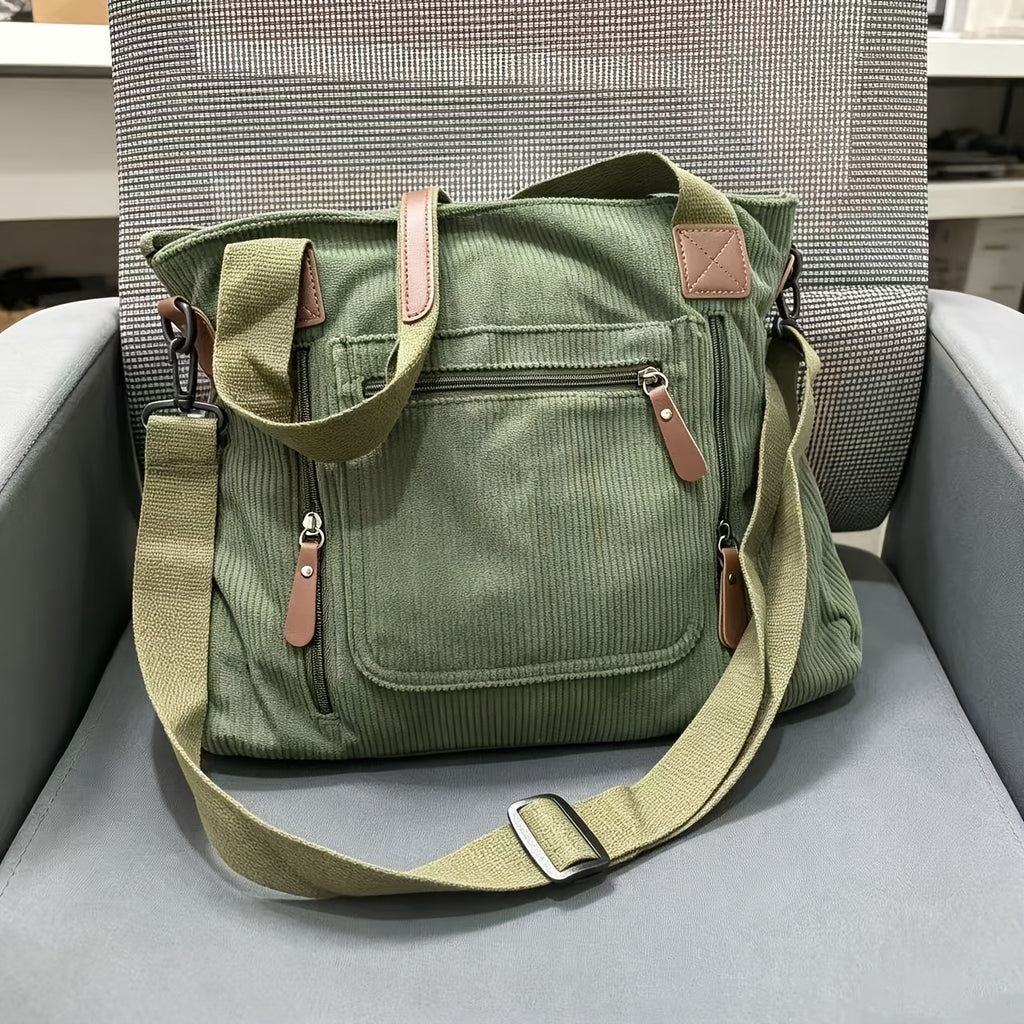 Retro Workwear Corduroy Handbag with Multiple Pockets, Women's Adjustable-Strap Shoulder and Crossbody Bag in Black, Grey or Green for Daily Commuting