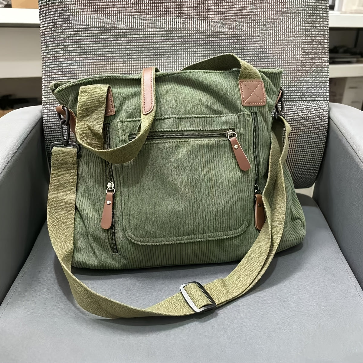 Retro Workwear Corduroy Handbag with Multiple Pockets, Women's Adjustable-Strap Shoulder and Crossbody Bag in Black, Grey or Green for Daily Commuting