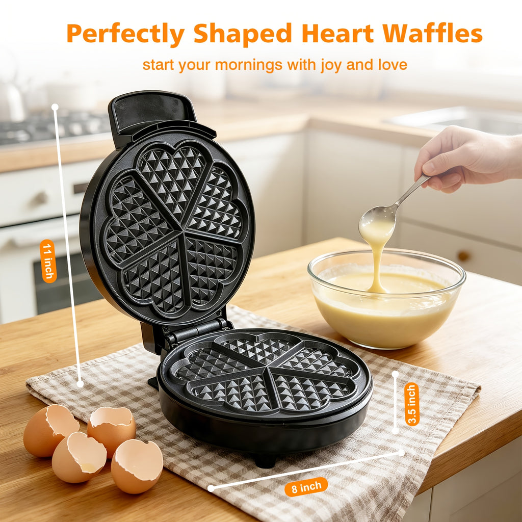 Heart-Shaped Waffle Maker 750W, Mini Nonstick Wafflera with Dual-Side Heating, Indicator Lights and Compact Space Saving Design, Easy to Clean Breakfast, Brunch and Treat Maker for Kids, Couples and Valentine's Day, Easy Gift