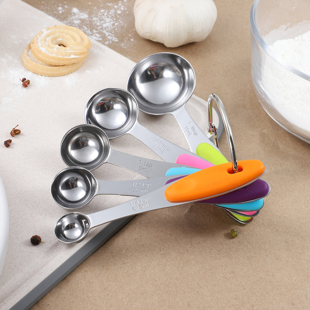 Five-Piece Measuring Spoon Set, Stainless Steel Kitchen Measuring Tools with Listed Silicone Handles for Everyday Recipe Prep, Home Cooking and Baking