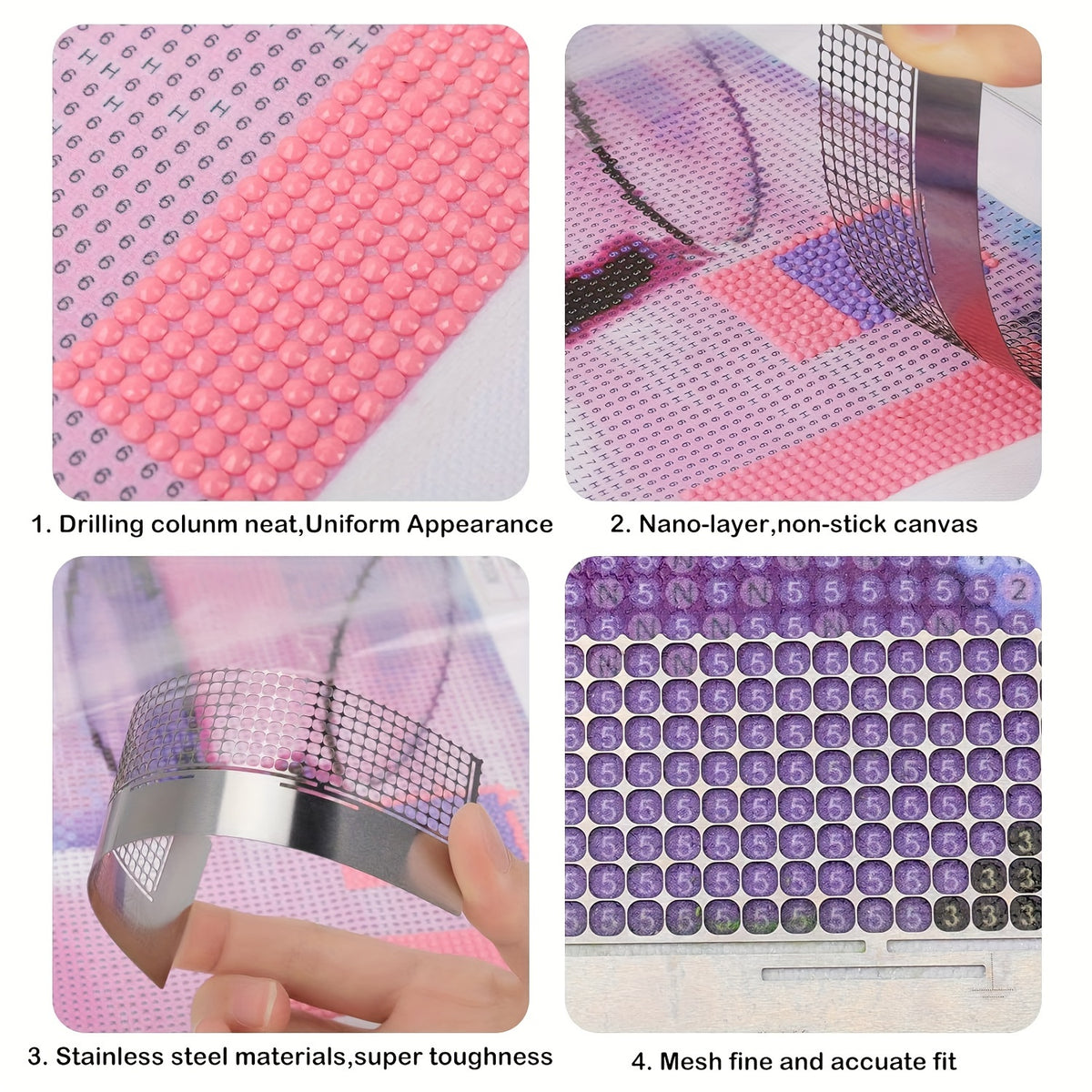 Diamond Painting Ruler Set, Six-Piece Craft Guide with Listed Stainless Steel Mesh and Cross Flower Hole Drawing Options for DIY Diamond Art Projects