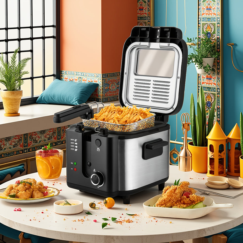 Electric Deep Fryer with Basket, 1500W Countertop Fryer, Adjustable Temperature Control, Viewing Window Lid, Non-Stick Detachable Parts, Easy Clean, 1.5L to 5L Sizes, Father's Day Gift