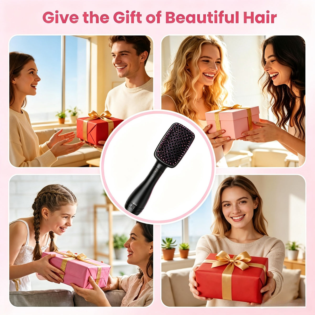 4-in-1 Hair Straightener Brush for Straightening, Curling, Volumizing and Drying, One-Step Blowout Styler with 2 Hair Clips and Rat-Tail Comb