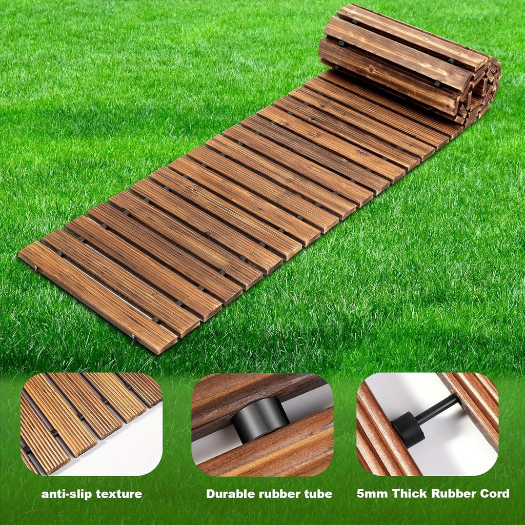 Roll-Out Wooden Garden Walkway by PIYPIY, Brown Cedar Slat Pathway with Textured Surface and Rubber Cord Connections for Backyard and Outdoor Decor