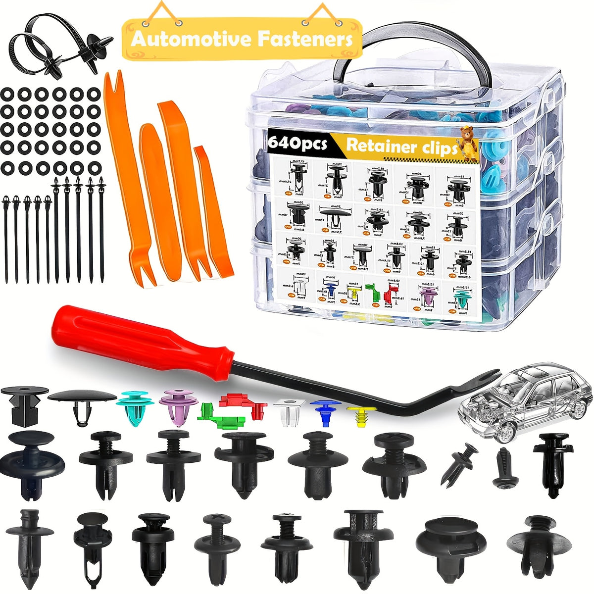 Bumper Retainer Clips and Plastic Push Rivet Fasteners for Compatible Car Applications, Seven Quantity Options with Removal Tool References