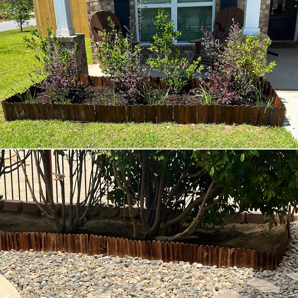 Wooden Garden Edging Border with Listed 47.2-Inch Length, Wire-Connected Decorative Picket Design for Flower Bed Outlines, Curved Paths and Landscape Accents