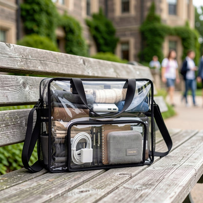 Clear Lunch Bag with Shoulder Strap and Handle, Transparent PVC Snack Tote for Women and Men, Everyday Work Lunch Carry and Sporting Event Planning