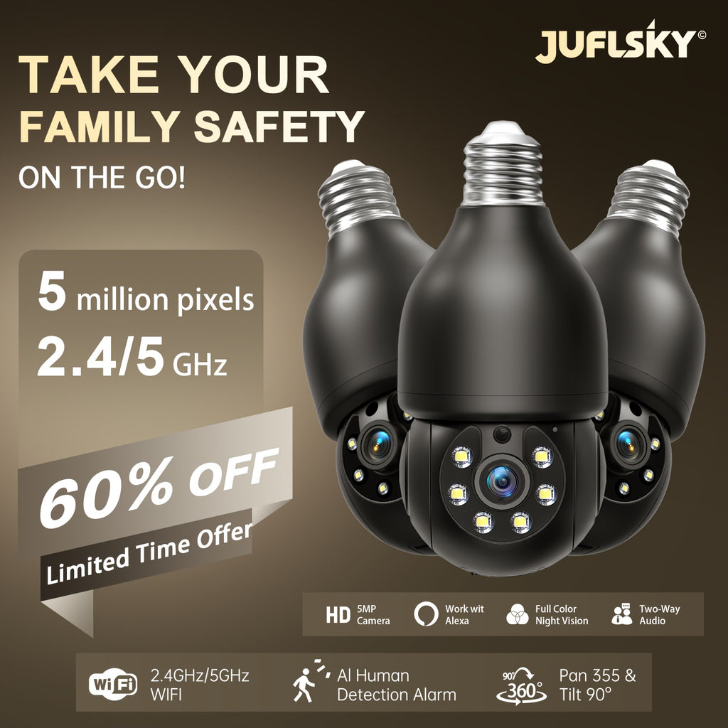 5MP Indoor Pet Monitoring Bulb Camera with Pan-Tilt Viewing, Color Night Vision, Motion Alerts and Two-Way Voice in One, Two or Four Camera Options