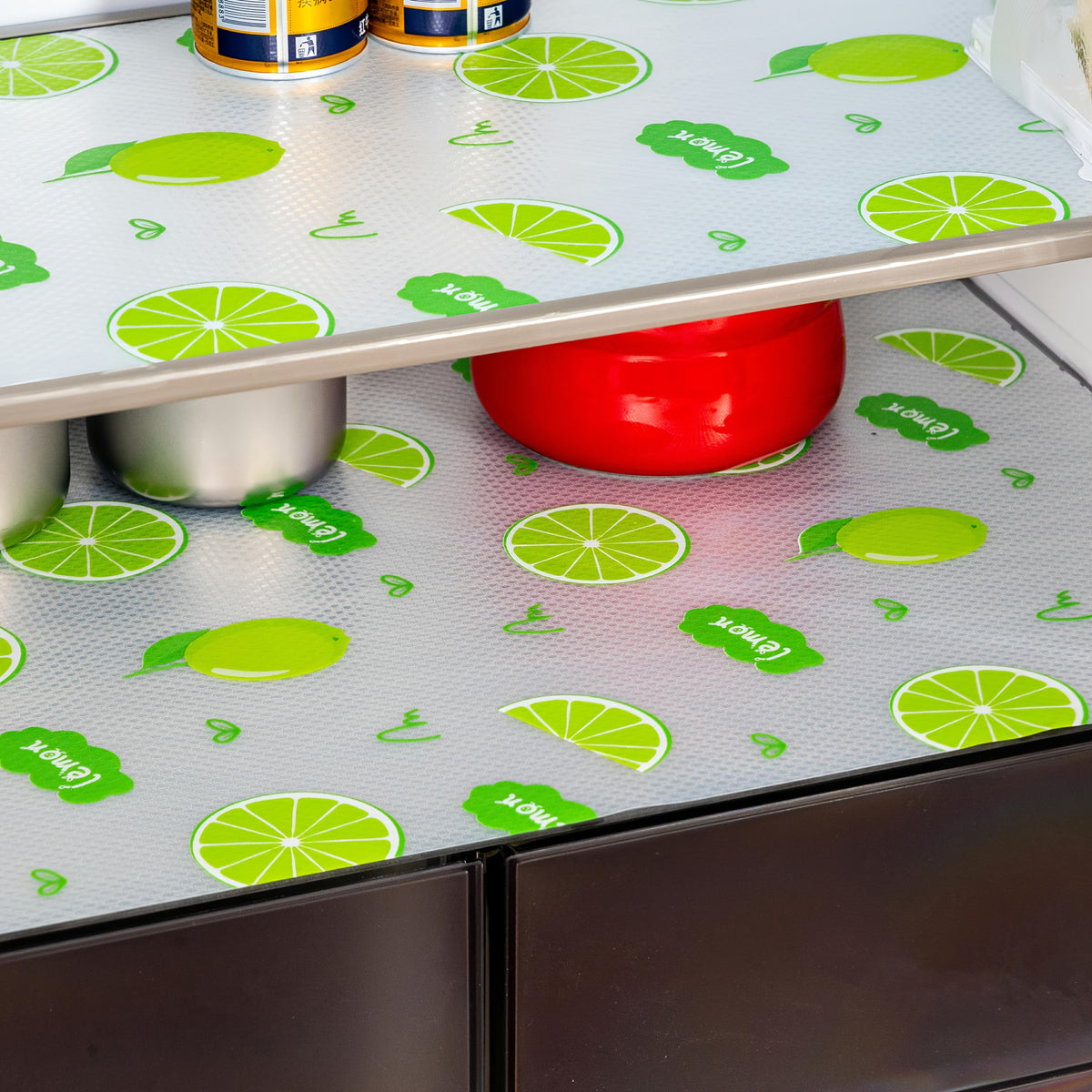 Lemon Pattern Refrigerator Liners in EVA, Four-Piece Washable Reusable Shelf Mat Set for Compatible Kitchen Drawers, Cabinets and Fridge Organization