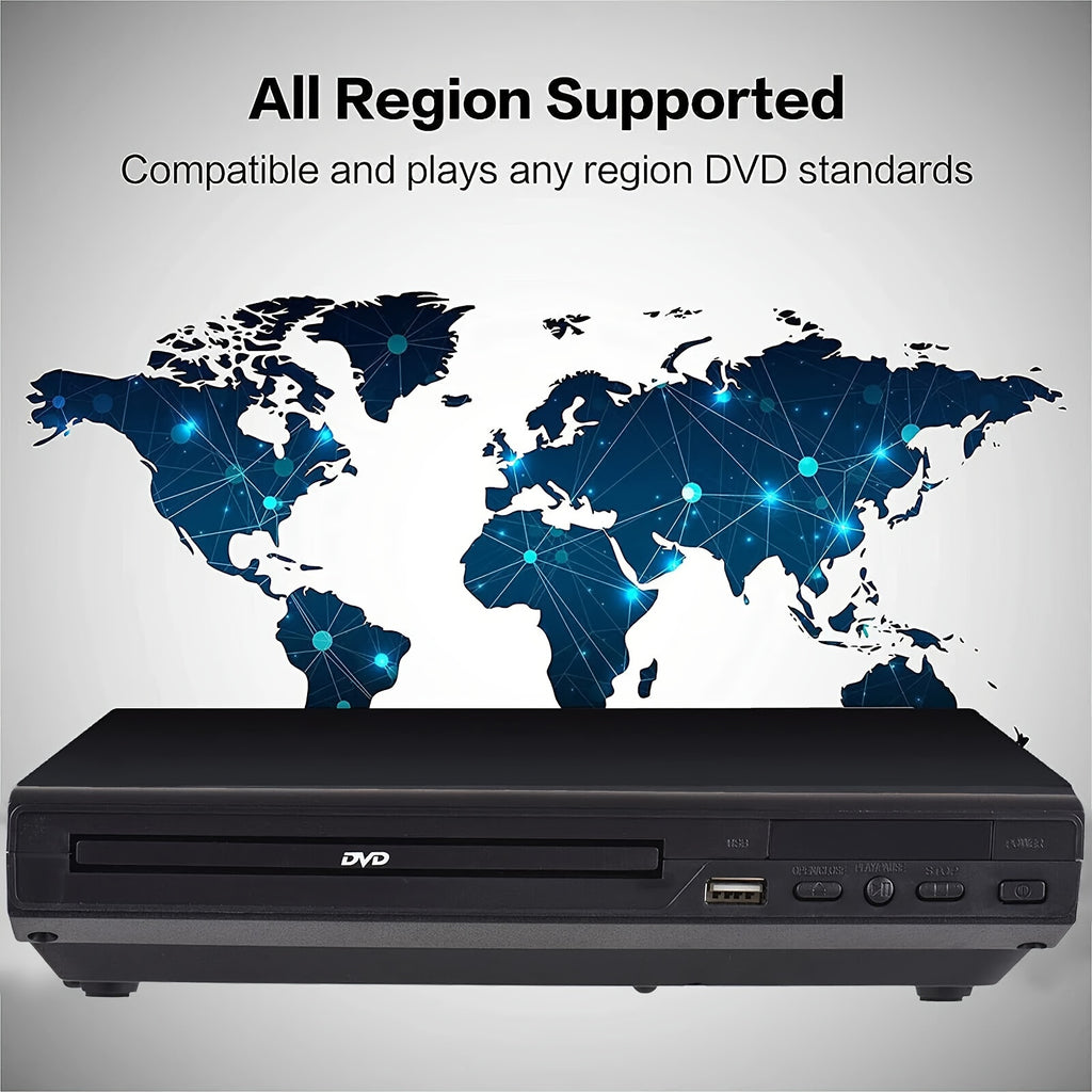 AV Output DVD Player for TV in Black with USB 2.0 Media Playback, Remote Control, Resume Function, CD-R and CD-RW Support and Included Three-in-One AV Cable