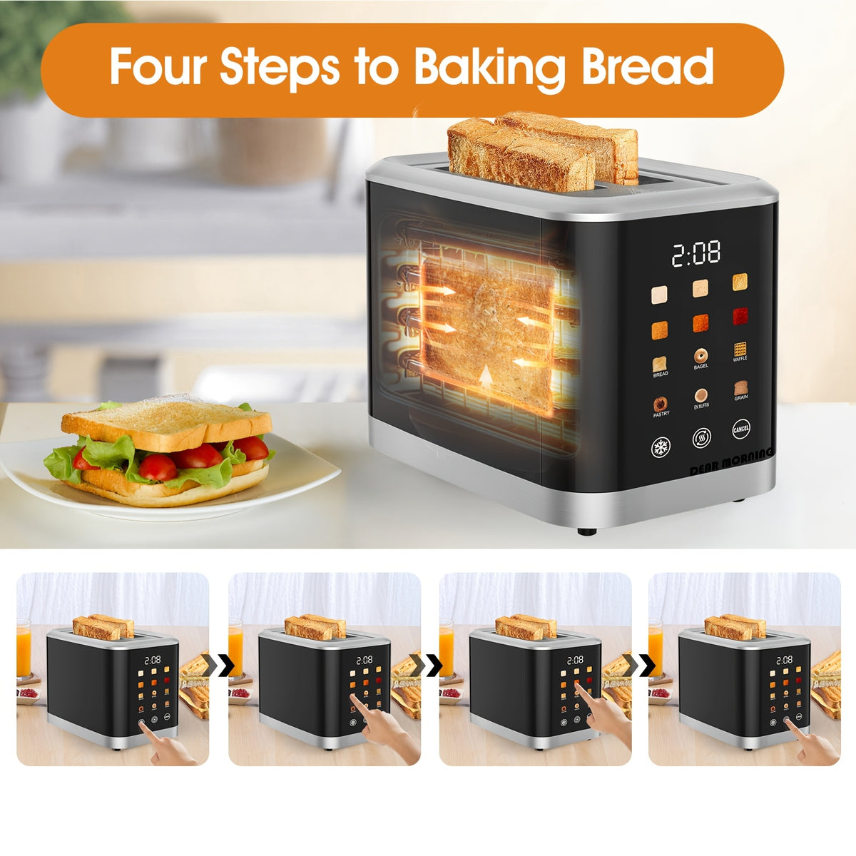 LCD Touchscreen Toaster with Two-Slice Capacity, Six Bread Types and Six Shade Settings, Listed Wide Slots with Bagel, Cancel and Defrost Functions