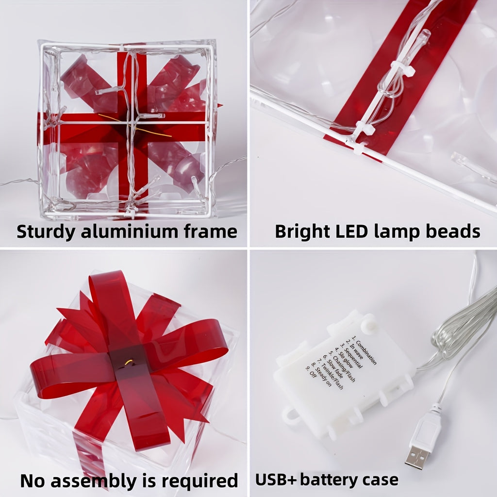 Lighted Christmas Present Boxes, Classic Set of 3 Warm White Decorative Gift Boxes with 60 Listed LEDs, Red Bows, USB or Battery Power and Daily Timer
