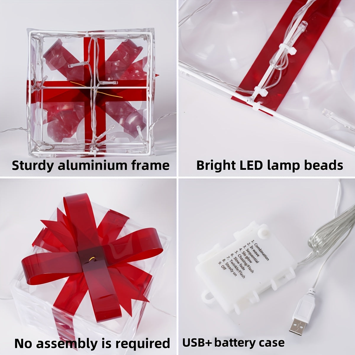 Lighted Christmas Present Boxes, Classic Set of 3 Warm White Decorative Gift Boxes with 60 Listed LEDs, Red Bows, USB or Battery Power and Daily Timer
