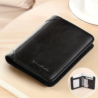 RFID Blocking Leather Wallet for Men with Listed Two ID Windows and Vintage Short Design, Yellow Brown, Grey Blue and Black Bifold Style Options