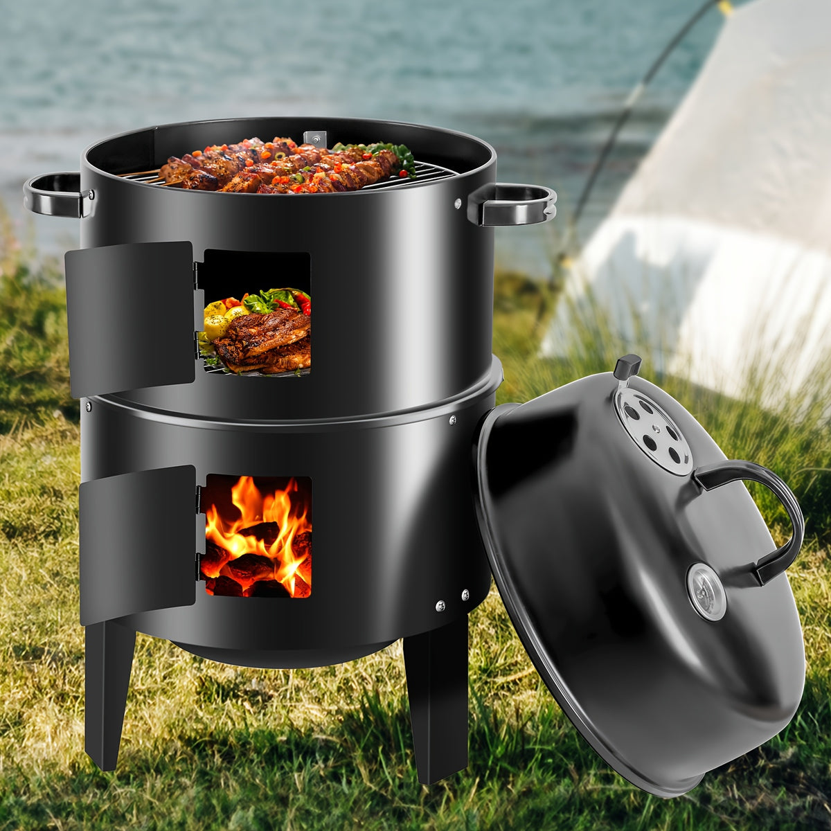 Vertical Charcoal Smoker Grill, Black 16-Inch Three-Tier Outdoor Cooker with Listed 400-Square-Inch Cooking Area and Two BBQ Tongs for Backyard Cookouts