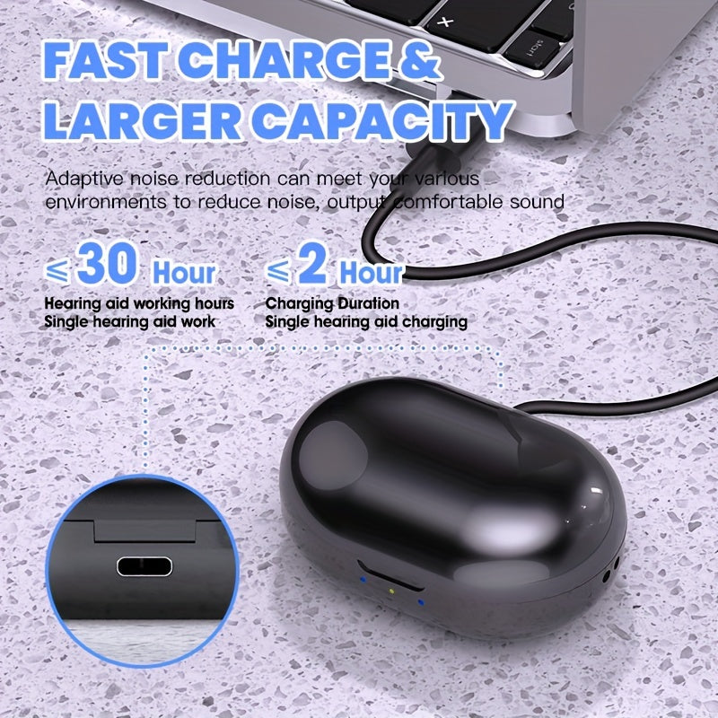 USB Charging Hearing Device with Light Beige Unit and Black Charging Box, Listed 320mAh Case Battery, Noise Reduction and 10-Second Delayed Startup