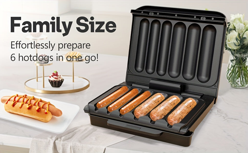 Six-Slot Electric Hot Dog Maker, Nonstick Sausage Grill with Grease Drip Tray, Power and Ready Indicator Lights, Cord Storage for Breakfasts and Snacks