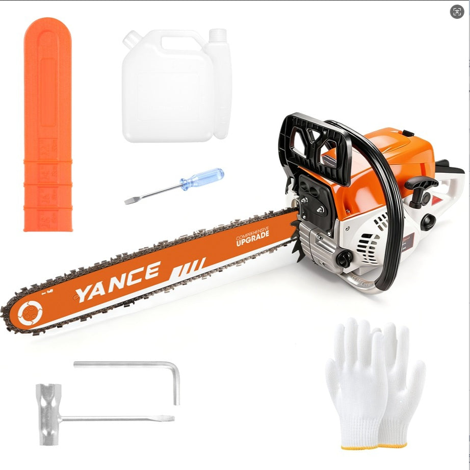 62cc Gasoline Chainsaw with Two-Stroke Engine and Listed Anti-Vibration Handle, Orange Upgraded Option for Trained Adults' Outdoor Wood-Cutting Tasks