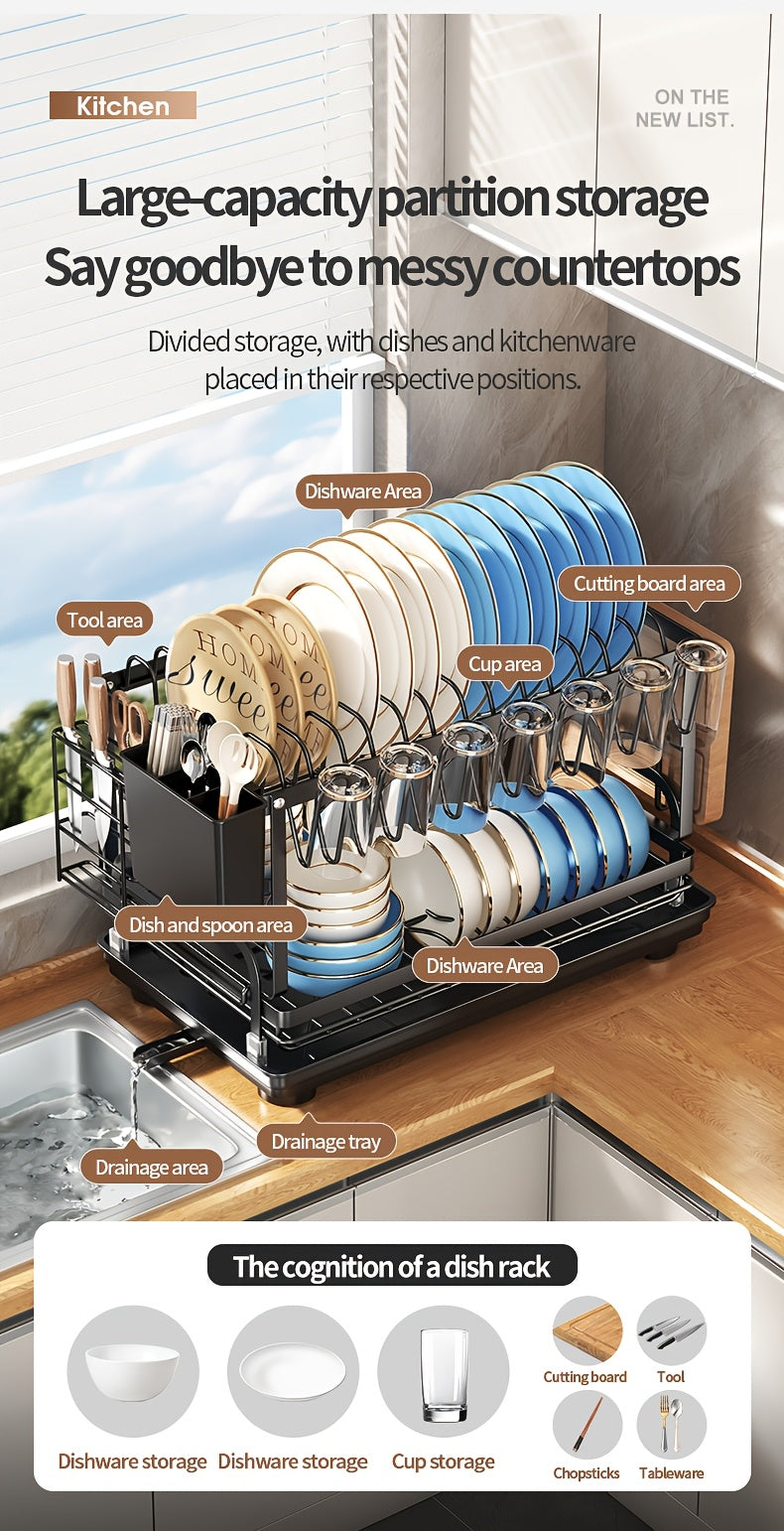 Metal Countertop Dish Rack for Kitchen Tableware Organization, Two-Tier Painted Rack Design with Utensil Holder Reference and Black, Dark Grey or Base Options