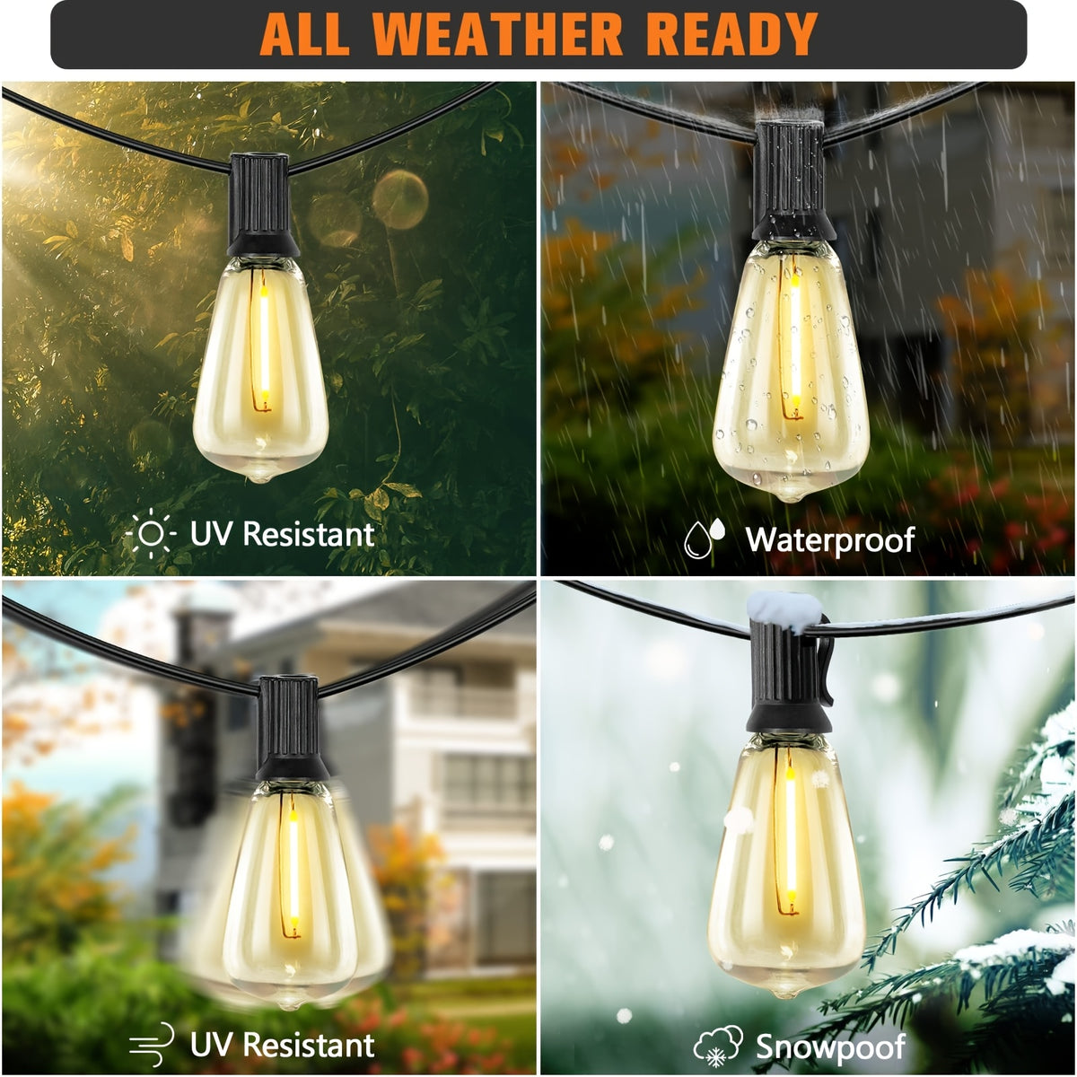 Teardrop Solar String Lights with 2700K Warm ST38 LED Filament Bulbs, Dimmable Outdoor Patio Decor in 50, 120, 150 or 200ft Length Options