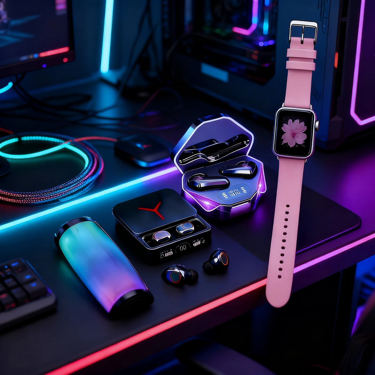 Gaming Headset Bundle with Luminous Headphone and Speaker Options, Five 3-Piece or 4-Piece Audio Set Selections with Watch Included in Selected Styles