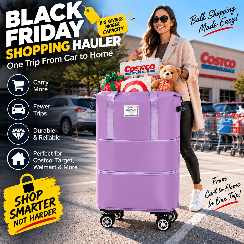 Three-Layer Expandable Travel Bag, Wheeled Clothing Duffel with Four Removable 360-Degree Wheels and Adjustable Pull Handle in Black, Pink, Blue or Purple