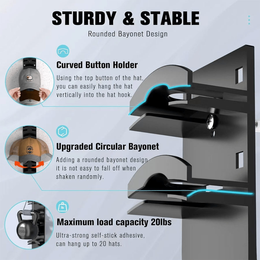 Baseball Cap Rack in Black or White with Multi-Layer Wall Storage, Single Plastic Hat Organizer with Listed Up-to-20-Cap Capacity and Two Mounting References