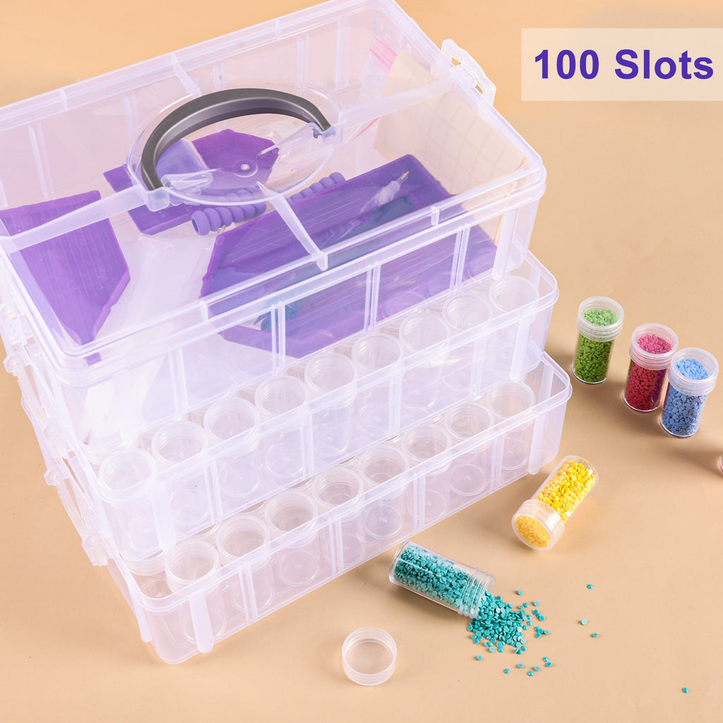 Diamond Painting Storage Container with Listed 100 Slots and Three-Tier Clear Stackable Design, Bead Organizer Set with Craft Accessories for DIY Art and Jewelry Supplies