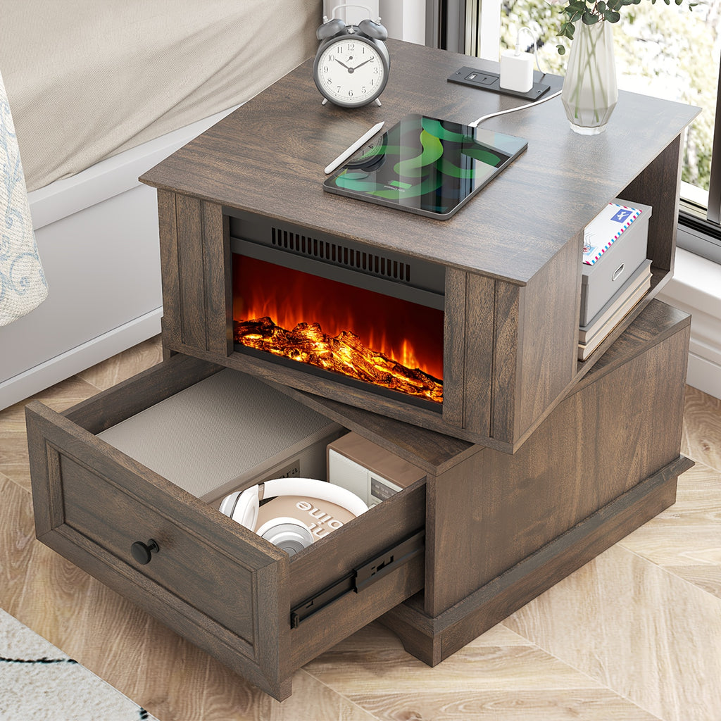 Electric Fireplace End Table with Listed 180-Degree Rotation and 13-Inch Screen, Storage and Charging Station, Six Finish Choices for Living Room Layouts