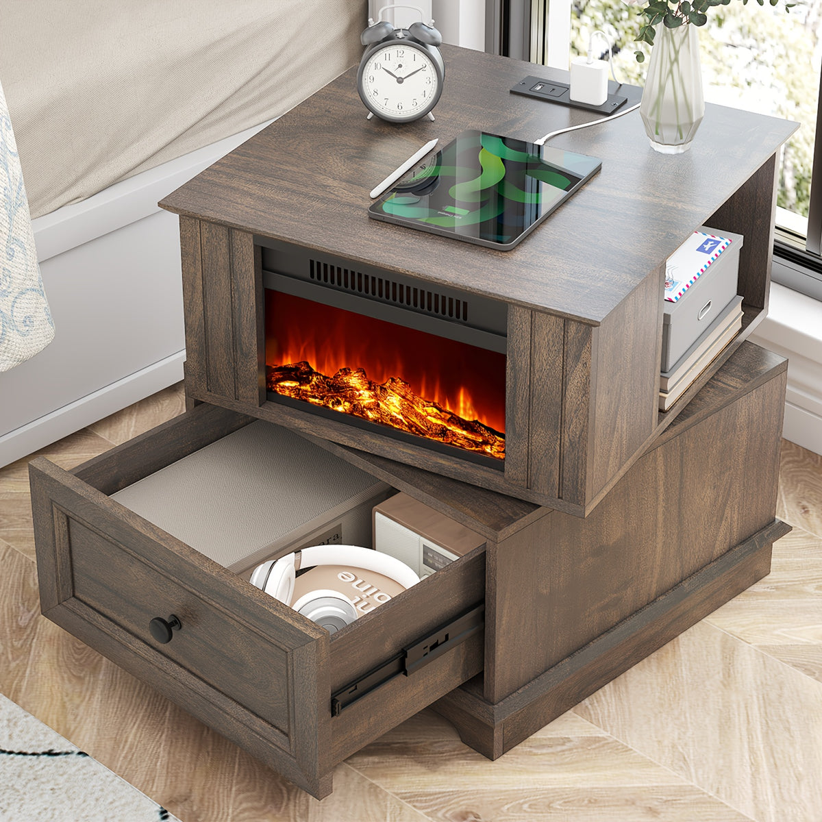 Electric Fireplace End Table with Listed 180-Degree Rotation and 13-Inch Screen, Storage and Charging Station, Six Finish Choices for Living Room Layouts