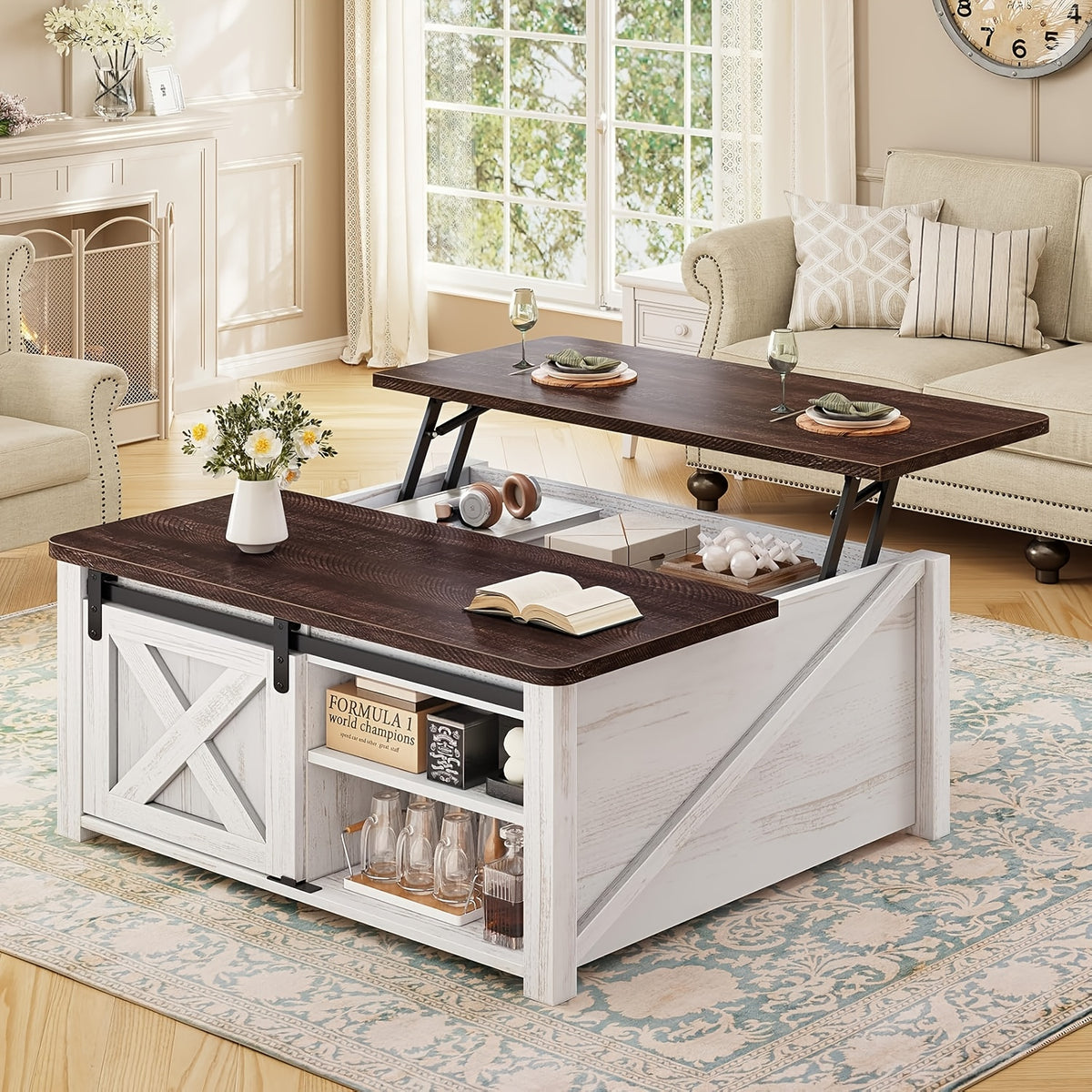 Lift Top Coffee Table with Storage, 31.5-Inch Square Farmhouse Design with Sliding Barn Door, Gas Strut Lift and Adjustable Shelves for Living Rooms