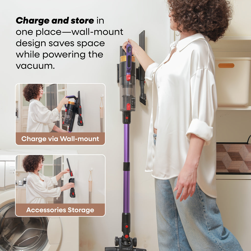 Detachable-Battery Cordless Vacuum Cleaner in Purple with Listed 46kPa Suction, Six-Stage Filtration and V-Shaped Brush Features for Home Floor and Pet Hair Cleanup