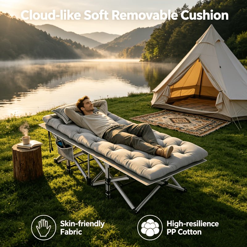 Oversized Folding Camping Cot for Guest Sleeping and Outdoor Lounging, Gray or Black Models with Listed 500, 600 or 700 lb Ratings plus Mini Option Without Mattress