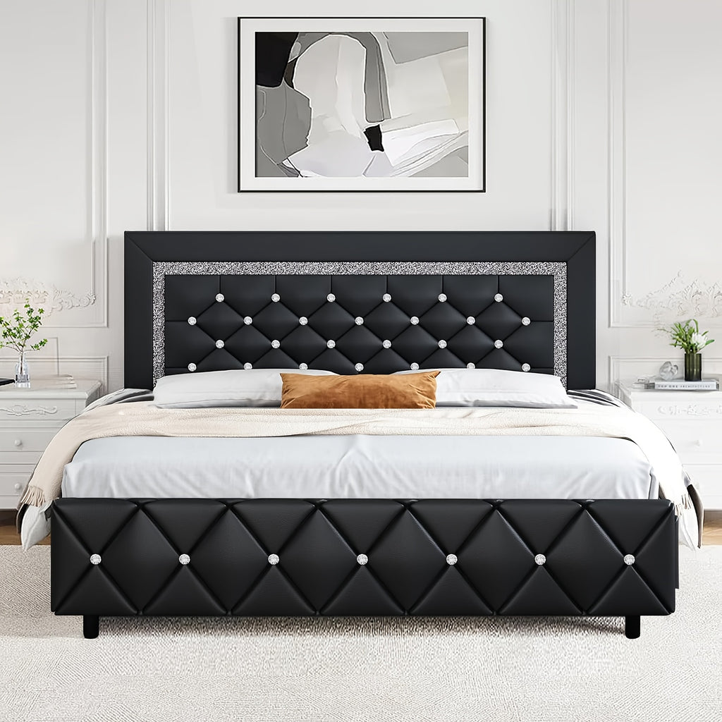 Diamond Tufted Upholstered Bed Frame in Black Faux Leather with Headboard, Footboard and Wooden Slat Support, Twin, Full, Queen and King Options