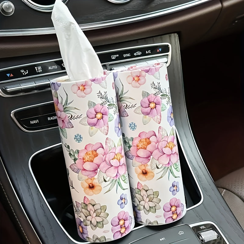 Cup Holder Car Tissue Tubes, Two-Roll Pink and White Floral Facial Tissue Pack in Compact Cylindrical Containers for Vehicle Interior Organization and Daily Use
