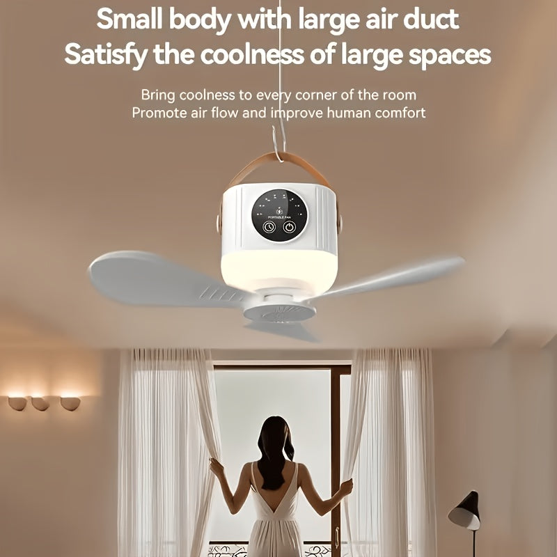 Tripod Camping Fan in White with USB Power, Adjustable Airflow and Light Brightness, Removable Blades and Portable Design for Tents, Bedrooms and Dorms