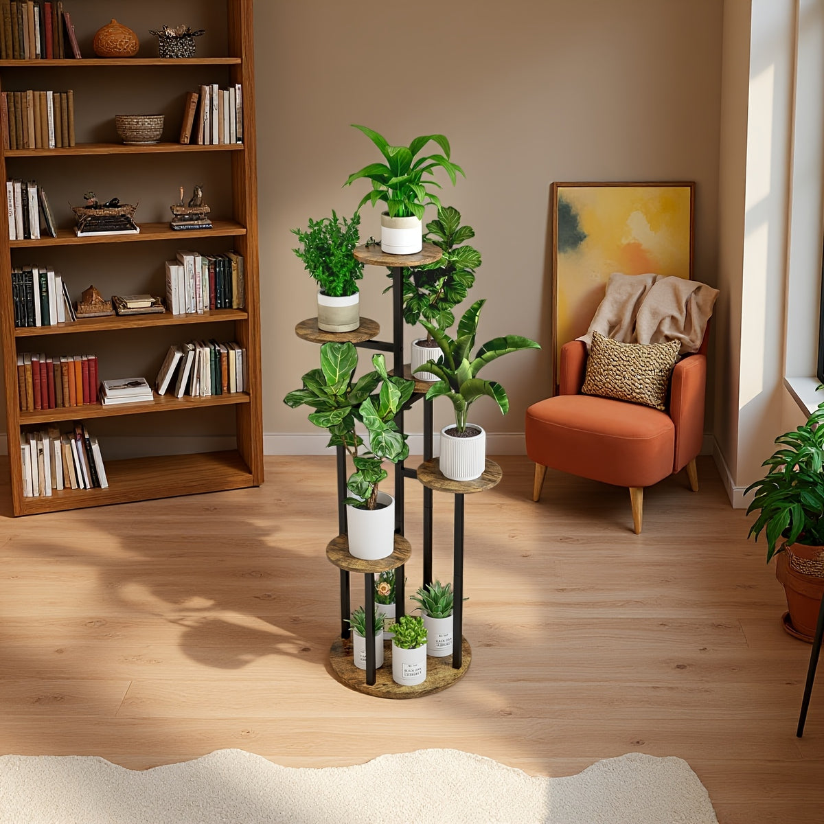Six-Tier Metal Plant Stand by SUOERNUO with Listed Nine-Pot Display Layout, EVA Base Pads and Black or White Options for Indoor Corner Decor