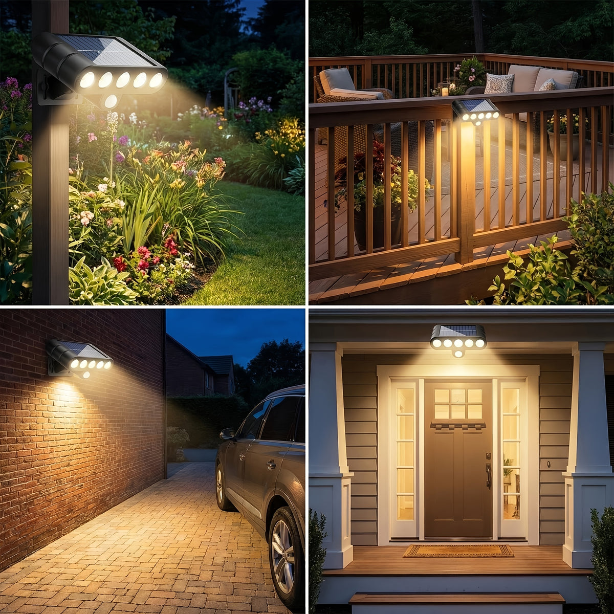 Adjustable Solar LED Outdoor Lights, Four-Pack with Listed 120-Degree Adjustment and Three Modes, Black Housing in White or Warm White Options for Patio and Garden