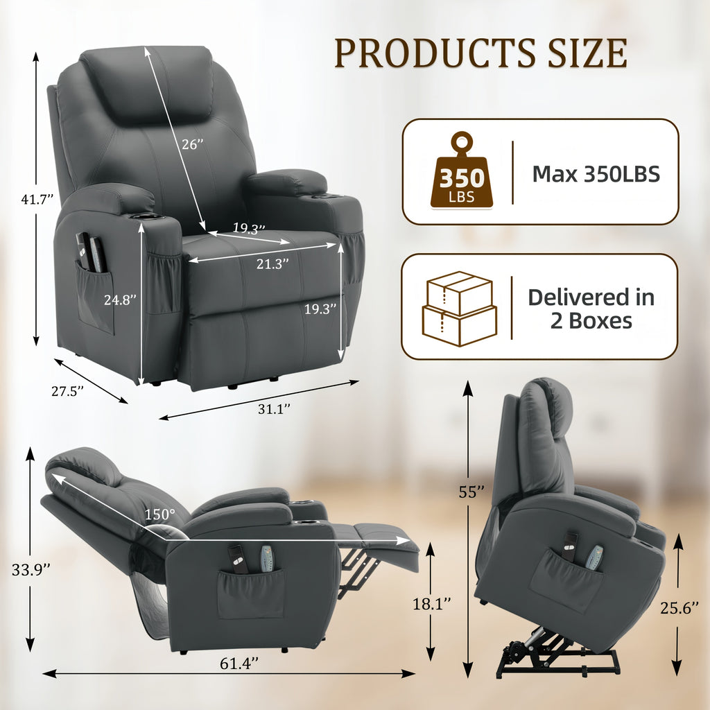 Power Lift Recliner Chair with Massage and Heating Functions, Remote Control and Cup Holder for Home Relaxation, Color and Upholstery Label Options