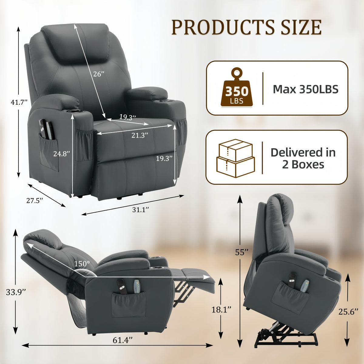 Power Lift Recliner Chair with Massage and Heating Functions, Remote Control and Cup Holder for Home Relaxation, Color and Upholstery Label Options
