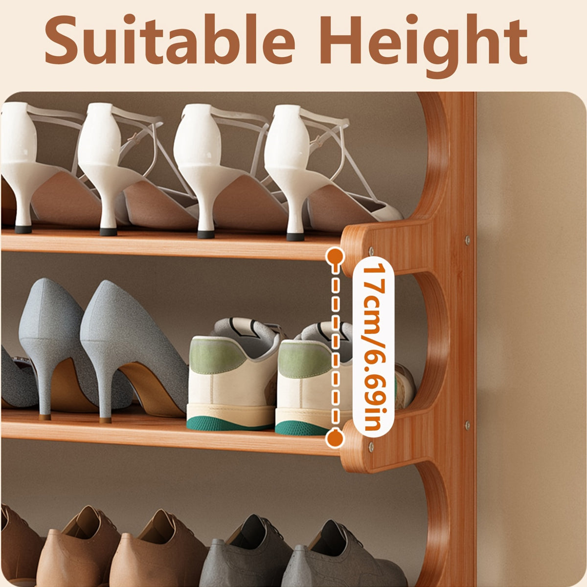 Freestanding Bamboo Shoe Organizer in Brown with Three, Five or Six Layers, Wood-Grain Footwear Storage Rack for Home Entryways, Hallways and Dorm Rooms