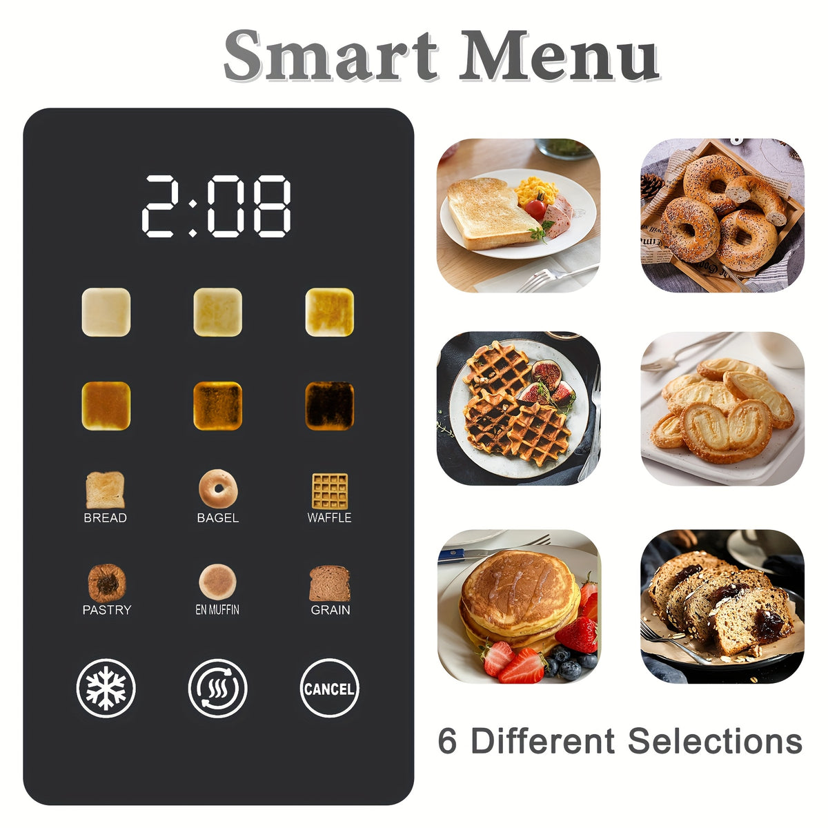 LED Display Breakfast Toaster in Black with Stainless Steel Construction, Wide Slots, Six Toasting Levels, Defrost, Heat and Cancel Functions and Crumb Tray