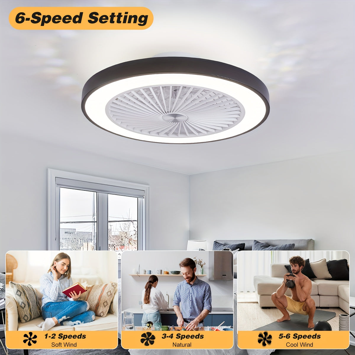 Enclosed Ceiling Fan with Light and Remote, 20-Inch Design with 1800K Amber Nightlight, Dimmable 3000K-6500K Lighting and Six-Speed Reversible DC Motor