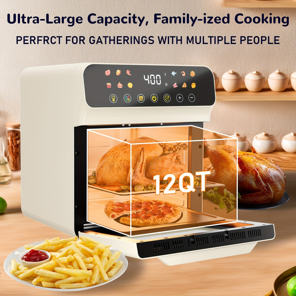 Air Fryer Oven with Listed 12-Quart Capacity, 12 One-Touch Presets, Viewing Window, Interior Light and Two Baking Pans in White or Black for Home Cooking