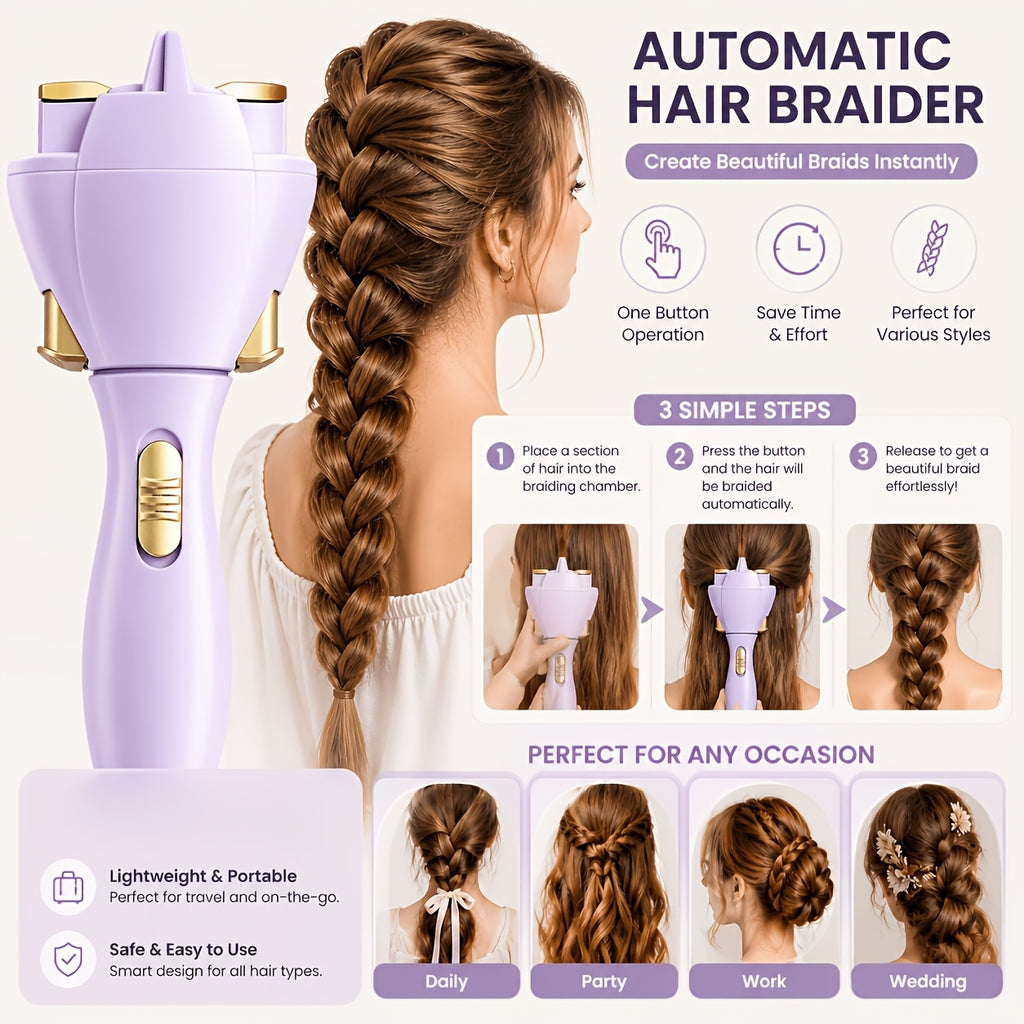 Automatic Hair Braider, Purple Cordless Electric Hair Twisting Tool with One-Button Control for DIY Everyday, Party and Wedding Styles, Battery Not Included