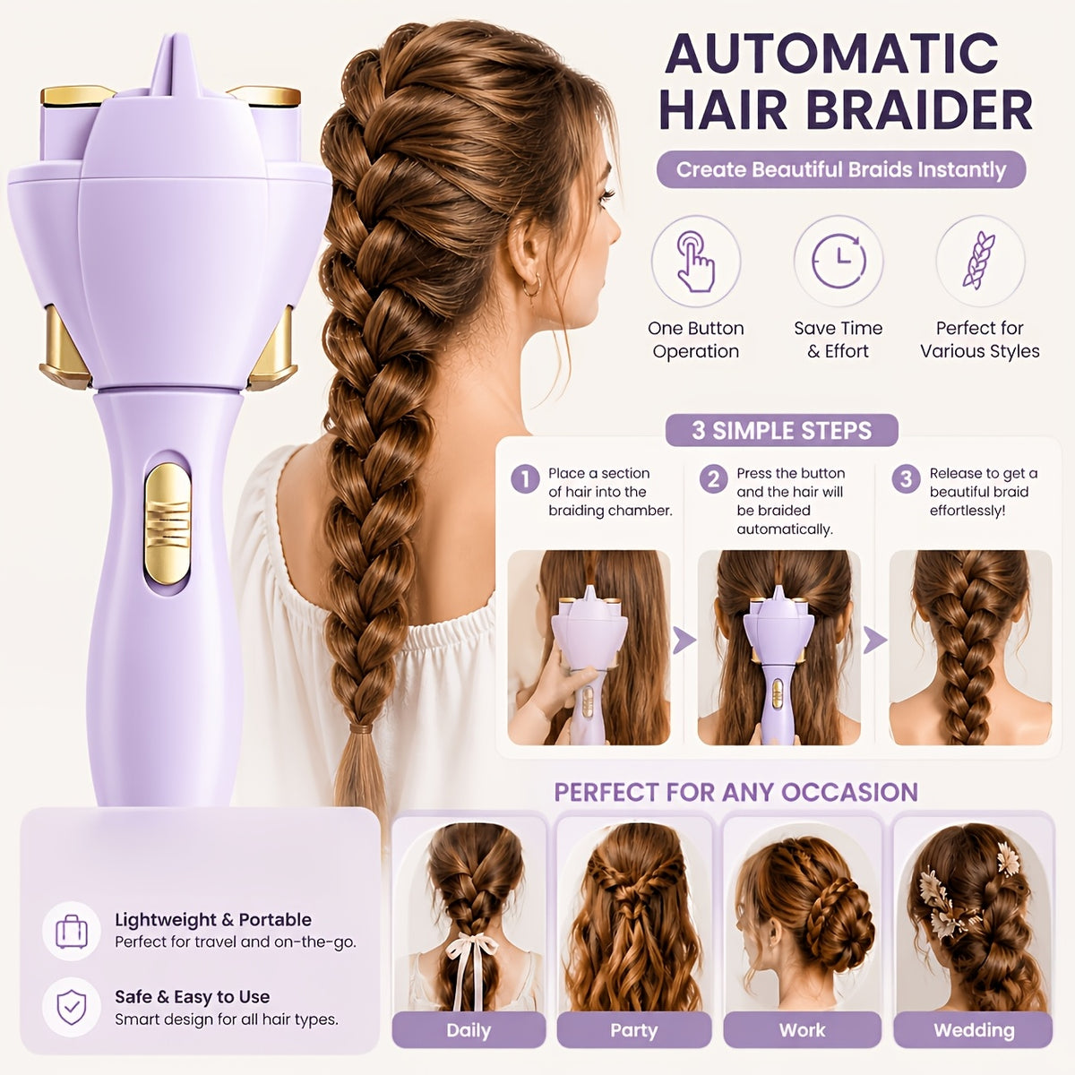 Automatic Hair Braider, Purple Cordless Electric Hair Twisting Tool with One-Button Control for DIY Everyday, Party and Wedding Styles, Battery Not Included